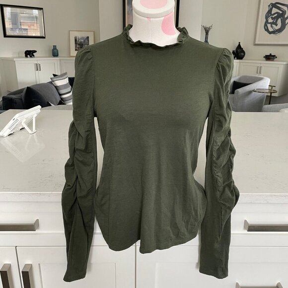 Anthropologie Maeve LS Frill Neck Ruched Sleeve Cotton Modal Top Green XS NWOT - Picture 2 of 12